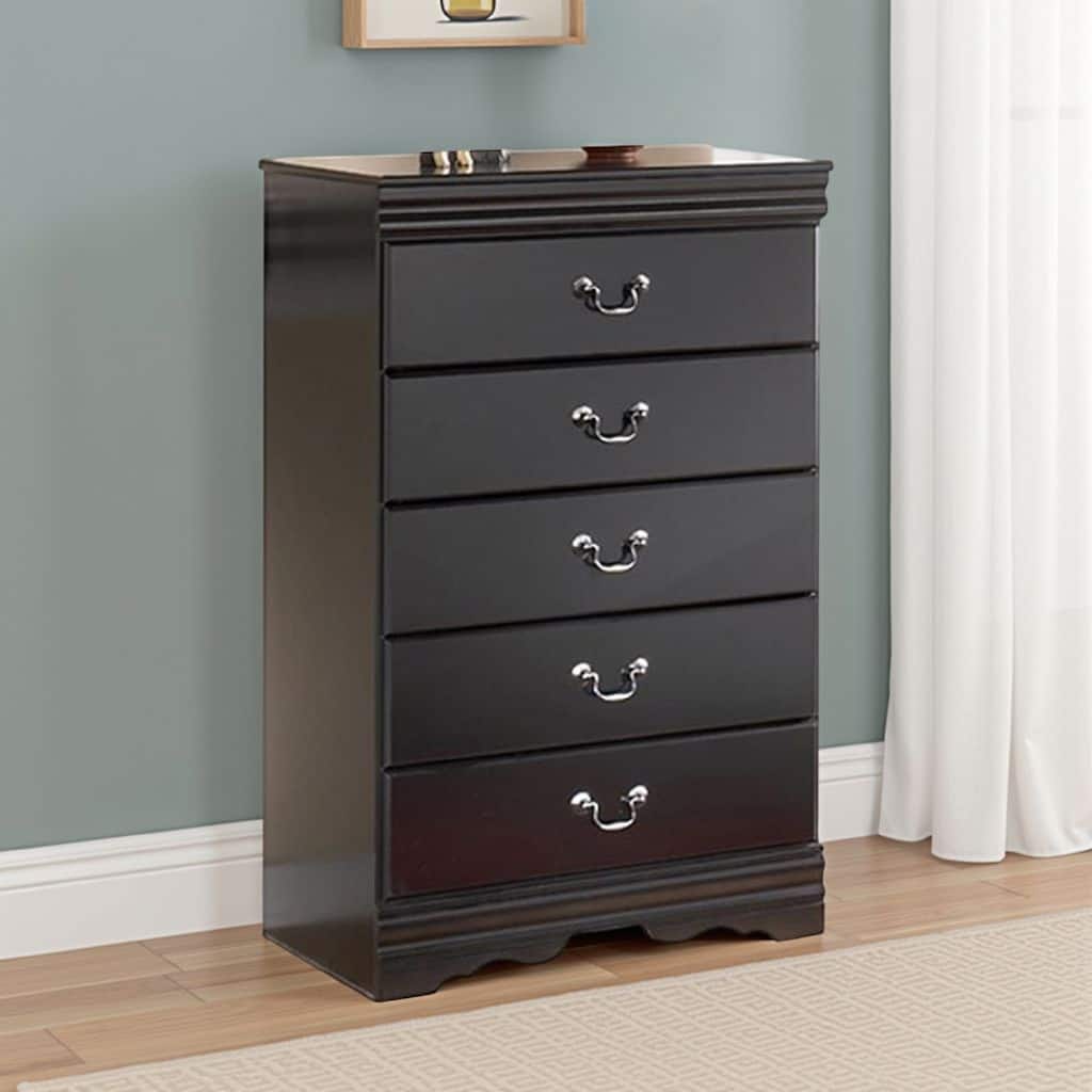 Yara Tall Dresser Chest, Classic Black, 5 Drawers Pewter Metal Handles