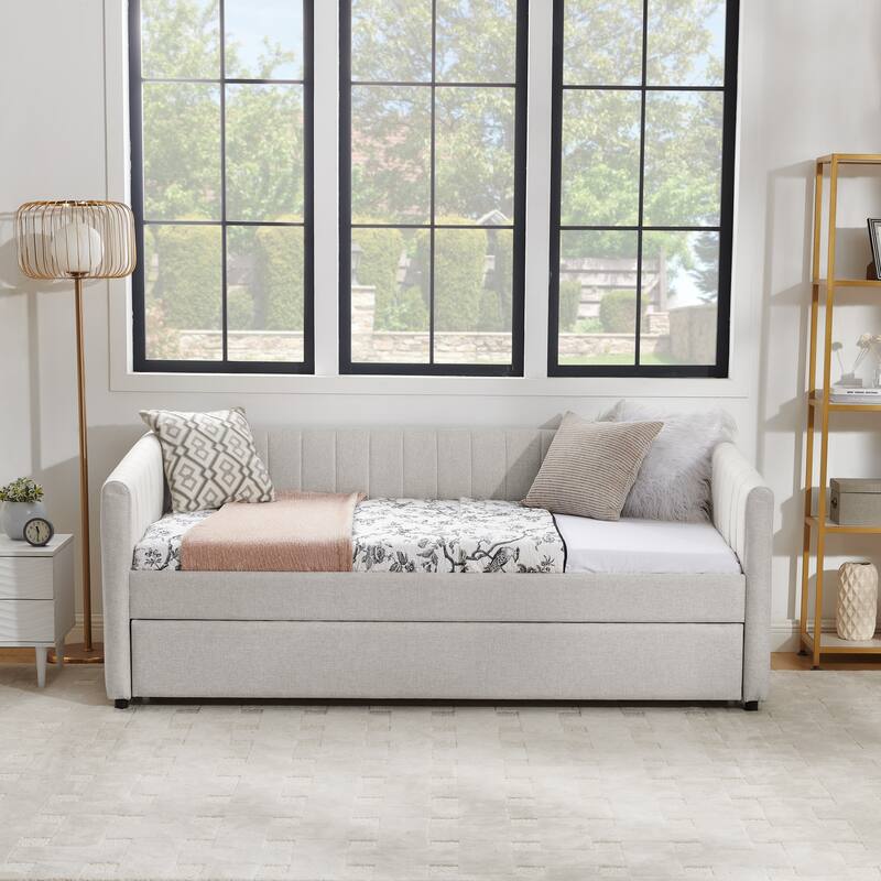Twin/Full Size Daybed with Trundle, Upholstered Sofa Bed with Vertical Stripes, Linen Fabric, Comfortable Seating for Bedroom