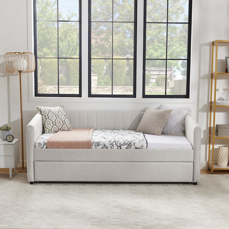 Upholstered Daybed, Linen Fabric Sofa Bed Frame with Trundle Bed - Beige - Twin