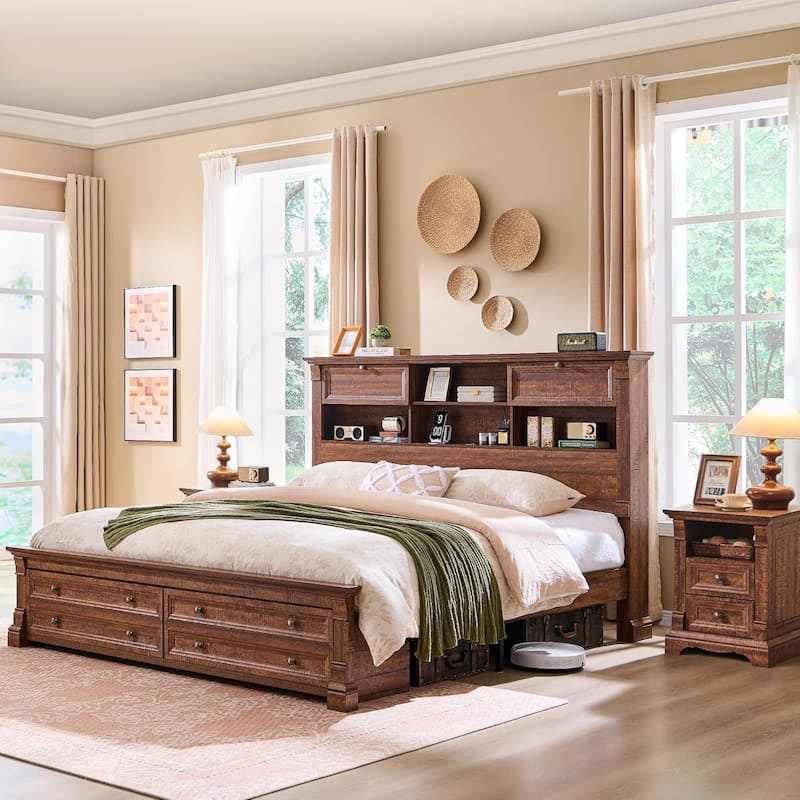 Farmhouse King Size Bed Frame with 54" Tall Storage Bookcase Headboard - Reclaimed Barnwood