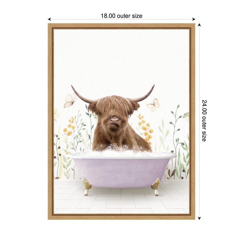 Kate and Laurel Sylvie Highland Cow in Spring Bathtub Framed Canvas by Amy Peterson