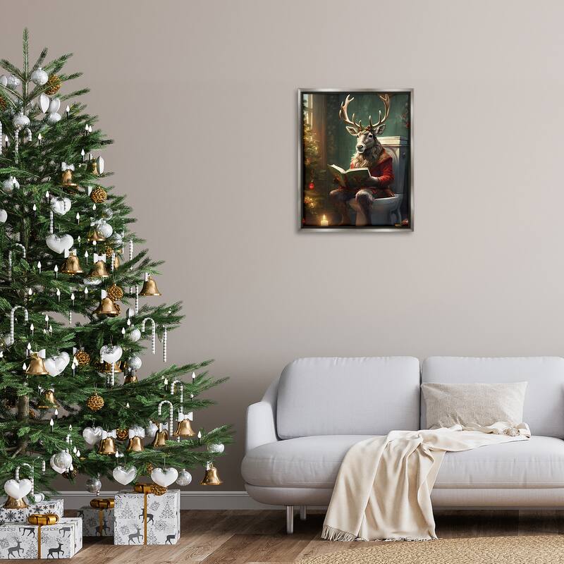 Stupell Reindeer in Festive Bathroom Framed Floater Canvas Wall Art Design By Jo Moulton
