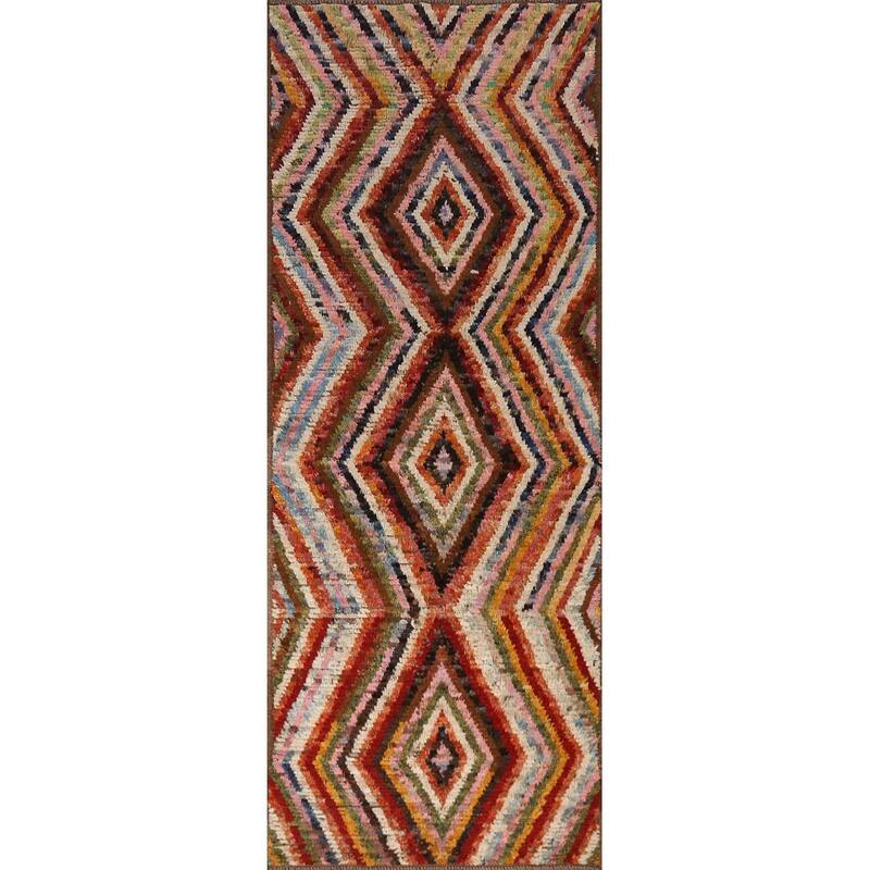 Geometric Moroccan Runner Rug Hand-Knotted Tribal Oriental Wool Carpet - 2'11" x 9'5"