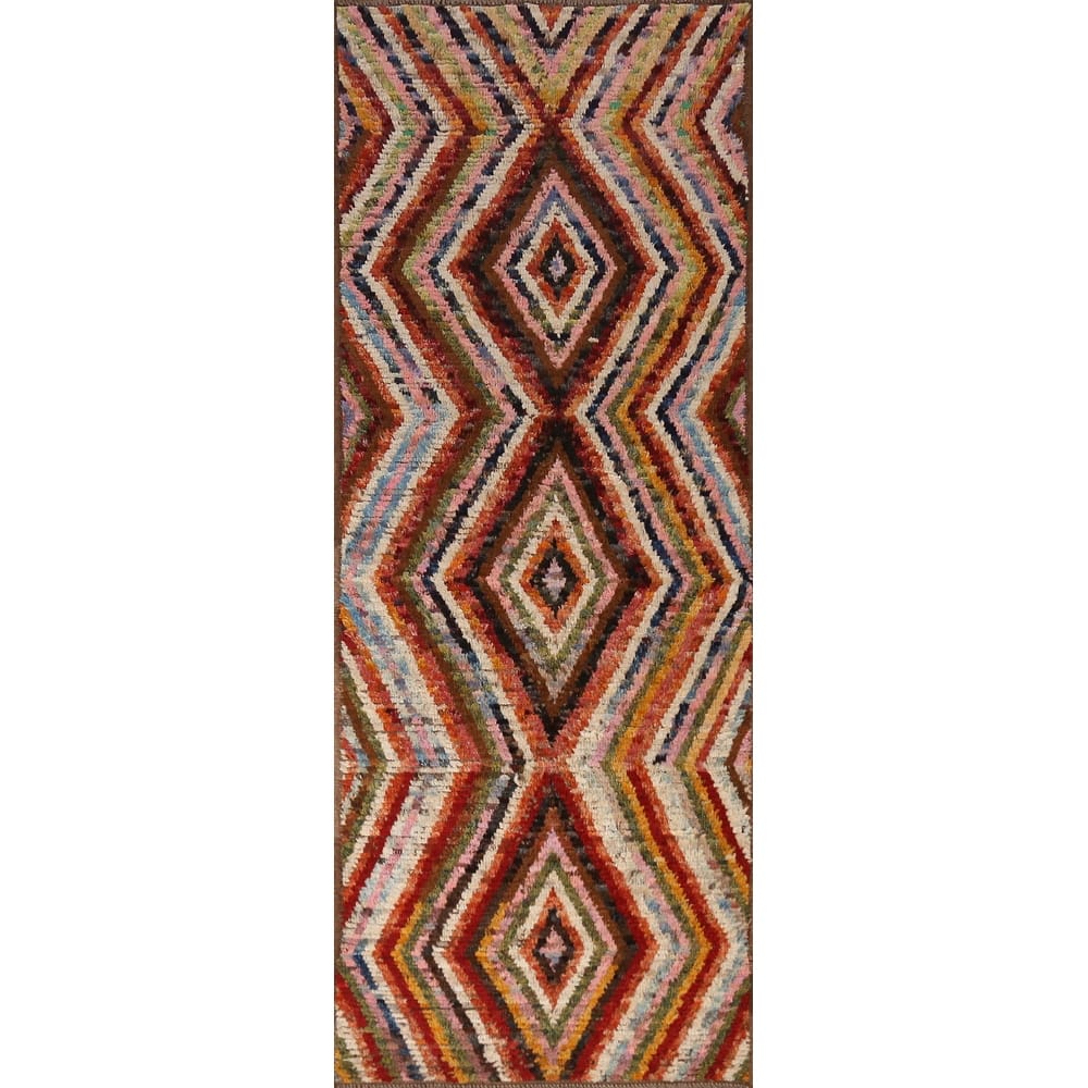 Geometric Moroccan Runner Rug Hand-Knotted Tribal Oriental Wool Carpet - 2'11" x 9'5"