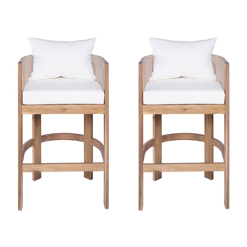 Roomfitters Matera Outdoor Acacia Wood Barstools with Rope Back, Teak Finish and Beige Set of 2