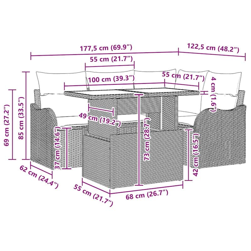 vidaXL 5 Garden Sofa Set with Cushions Black/Brown/Grey Poly Rattan - 69.9 x 48.2 x 27.2