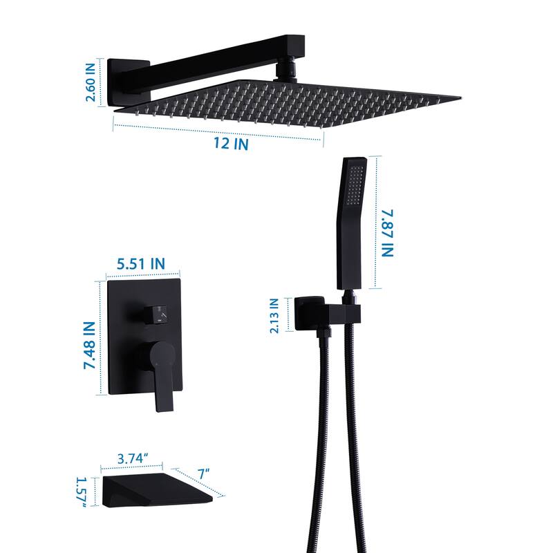 Shower System with Tub Spout,with 12" Rain Shower Head and Handheld Spray combo, Wall Mounted Tub Shower Systems