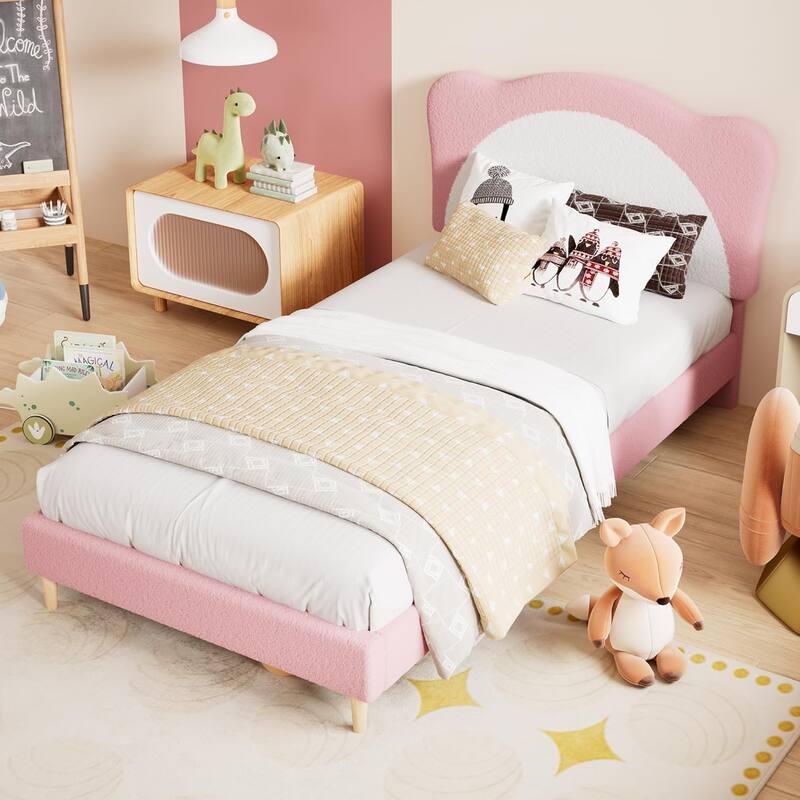Velvet Kids Bed Frame with Adjustable Scallop Headboard, Princess Style Platform Bed, Solid Wood Slats