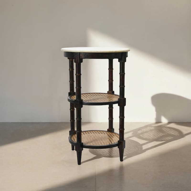 End Table with Genuine Marble Top and 2 Woven Cane Storage Shelves