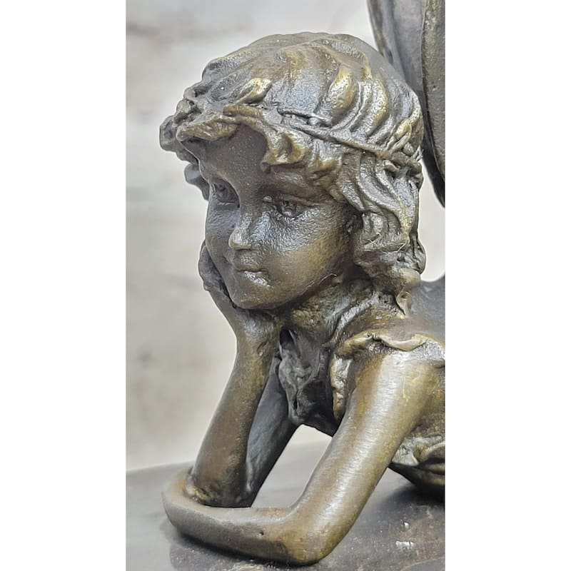 Fairy Child Young Girl Laying Down In Thought Bronze Metal Figure Statue Sculpture Marble Base