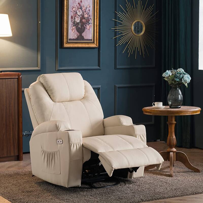 MCombo Manual Swivel Glider Rocker Recliner Chair with Massage and Heat, Faux Leather 8031