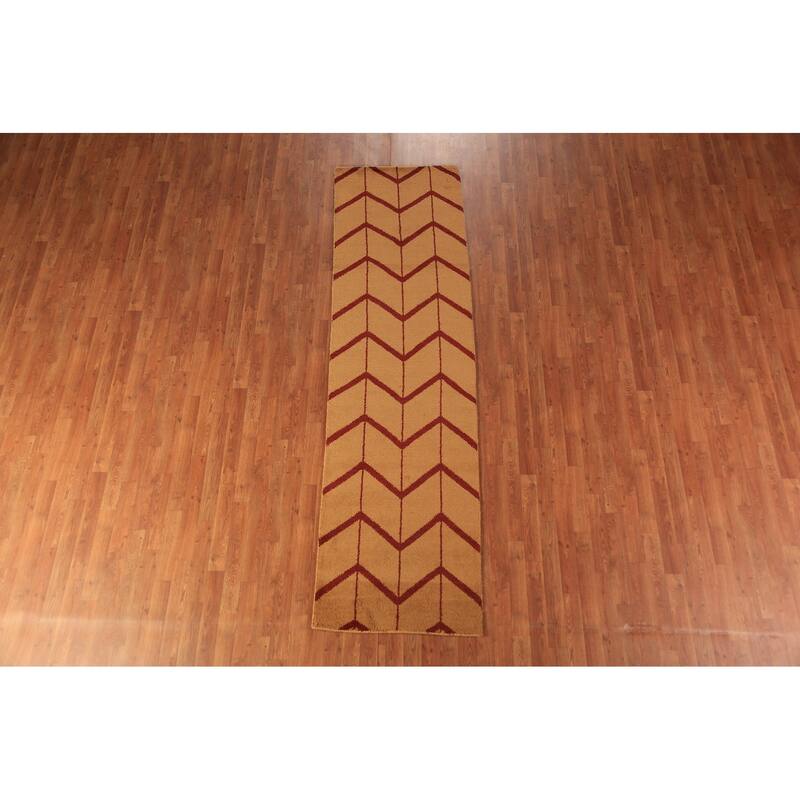 Hand Knotted Oriental 100% Wool Carpet Modern Geometric Oranges & Rust Moroccan Runner Rug - 9' 10'' X 2' 9''