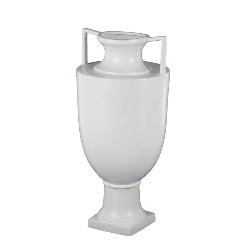 White Ceramic Fluted Urn Shaped Decorative Vase with Handles