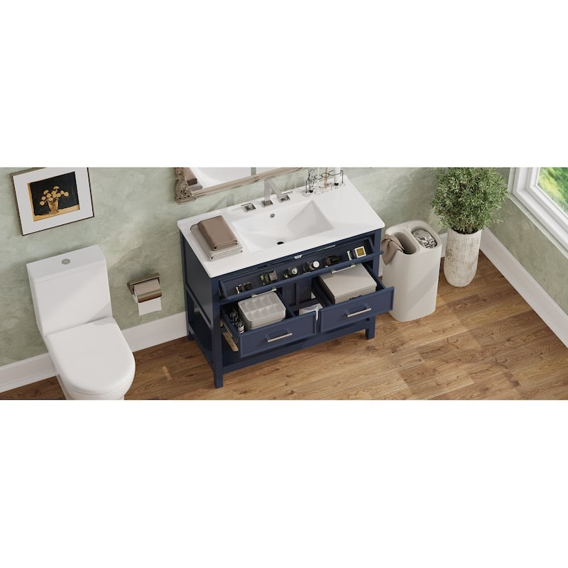 Roomfitters 36" Bathroom Vanity with Ceramic Sink, Tip-Out Tray, 2 Full-Extension Soft-Close storage units and Open Shelf