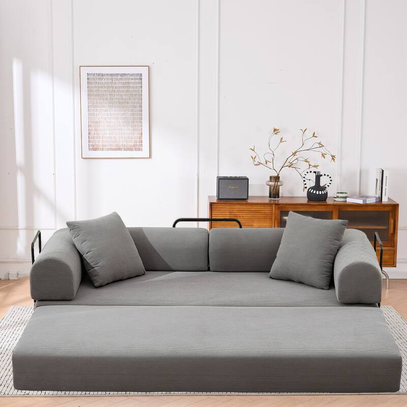 Convertible Sofa Bed, Folding Floor Couch Loveseat with Pillows, Corduroy Multi‑Mode Lounger, Sleeper Mattress - Grey