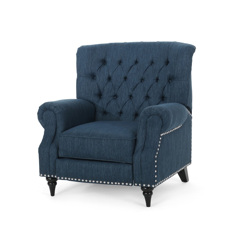 Classic Curled Arm Single Sofa Chair, Tufted Wide Back Recliner with Retractable Footrest Accent Chair with Rivet Trim&Wood Legs