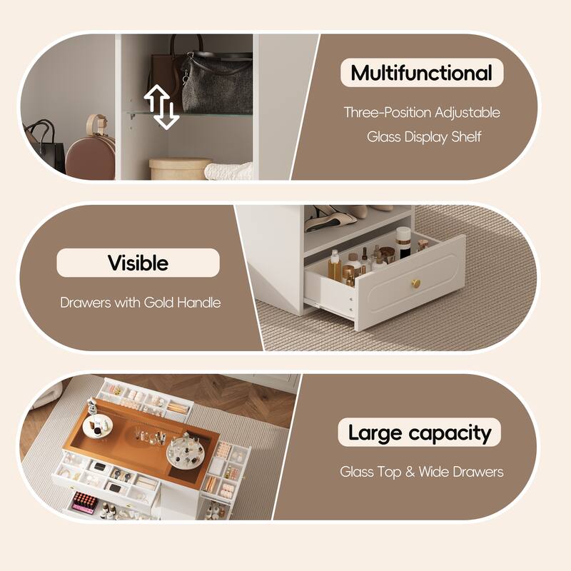 Six-Drawer Closet Island – Wardrobe Armoire with Glass Display Top, Open Shelves & Jewelry Storage Compartments