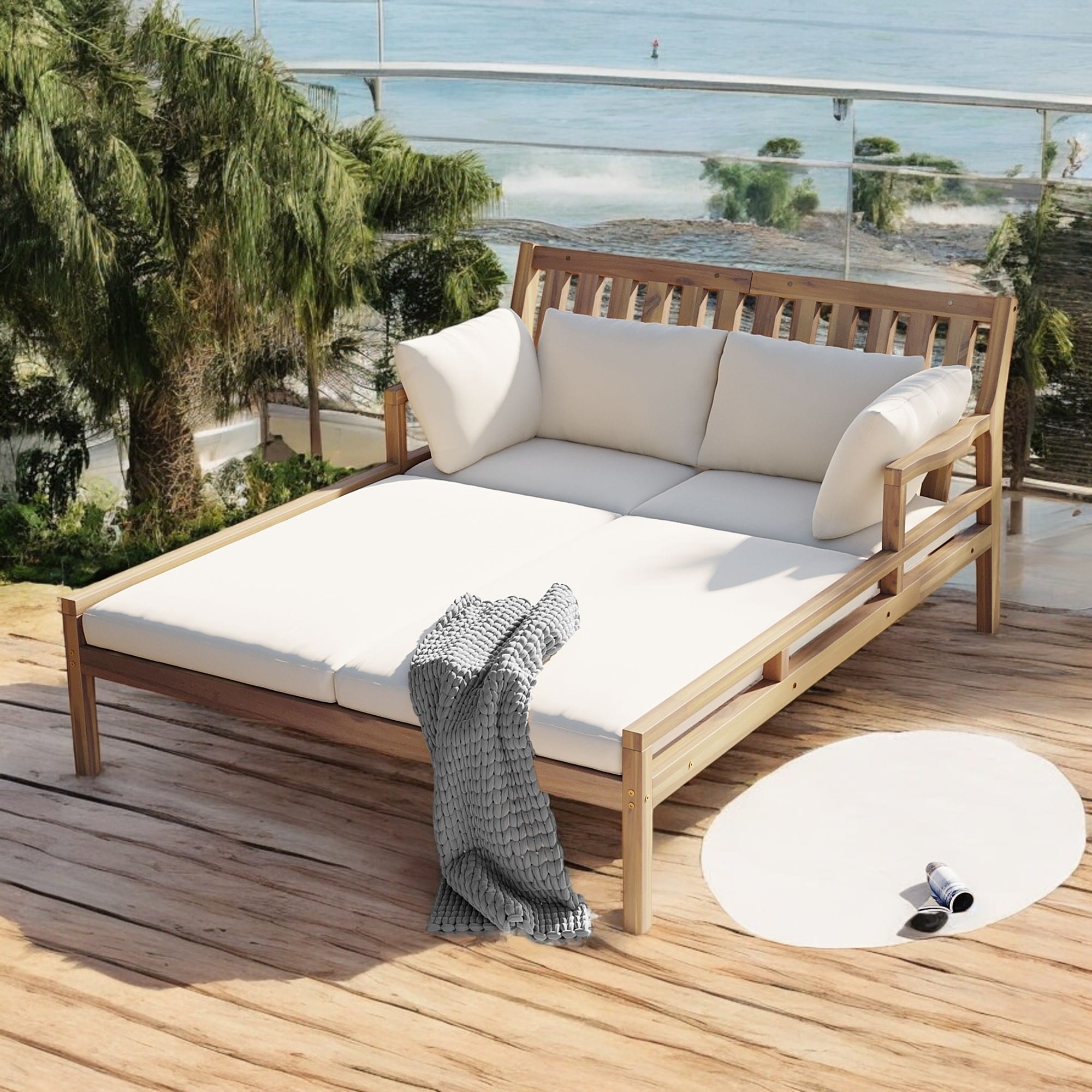 Outdoor Daybed with Curved Armrests and Pillows Patio Lounge