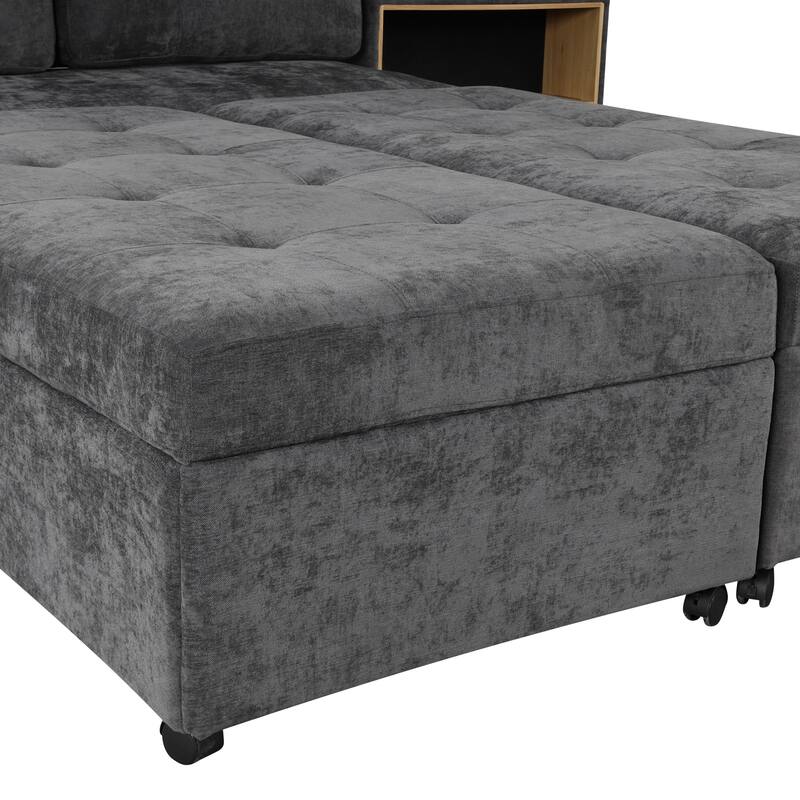 121.2" Chenille Modular Sofa Bed with Two Storage Racks, Free-Combined Design, and Smooth-Rolling Wheels