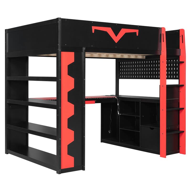 Full Size Gaming Loft Bed with Desk & RGB LED Lights, Pro-Gamer Setup with Pegboard, Keyboard Tray & Storage