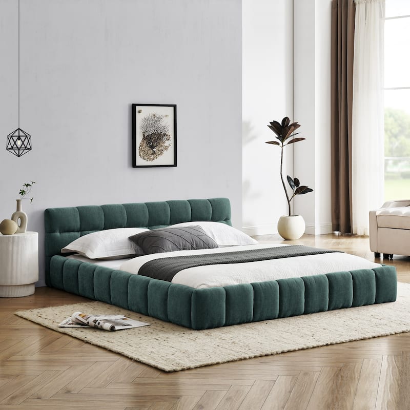 Chenille Fabric Grounded Queen Size Platform Bed with Headboard and Solid Frame - Green