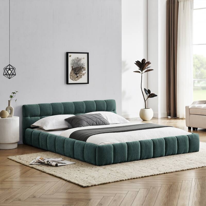 Queen Size Chenille Fabric Upholstered Bed Frame w/ Headboard & Solid Frame Grounded Platform Bed, Beige