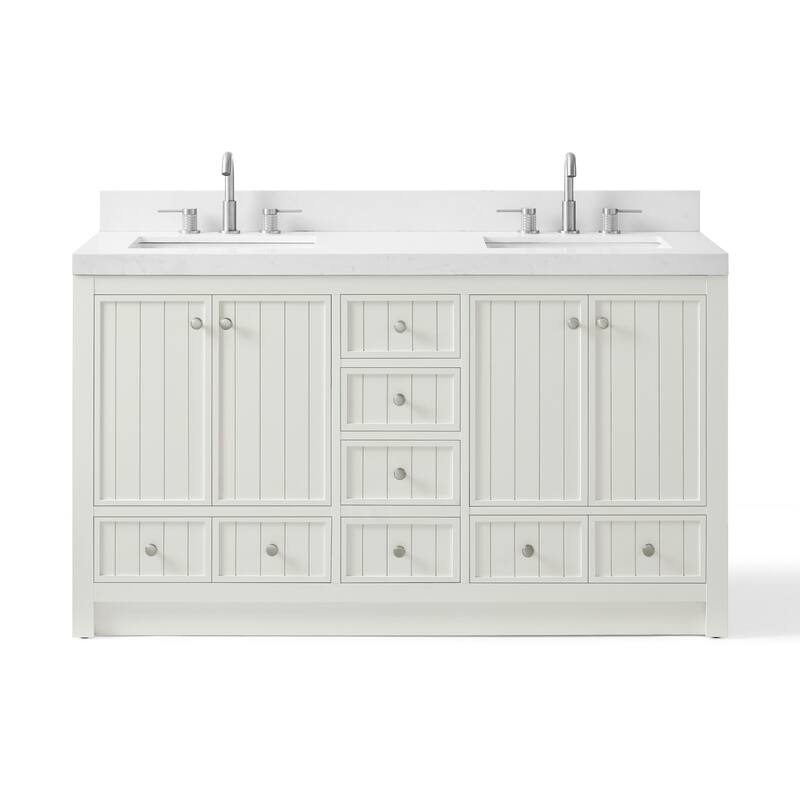 HomeRoots 60" White Wood Double Bathroom Vanity With White And Gray Quartz Countertop - 60.00 in. x 35.00 in. x 22.00 in.