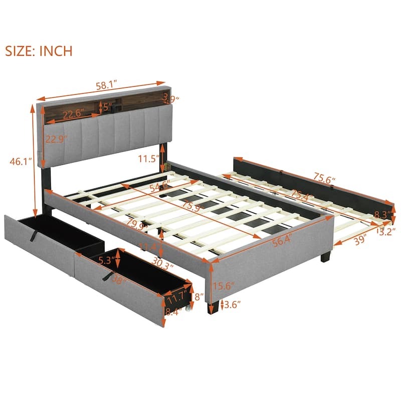 Full size Upholstered Platform Bed with Twin Size Trundle & 2 Drawers