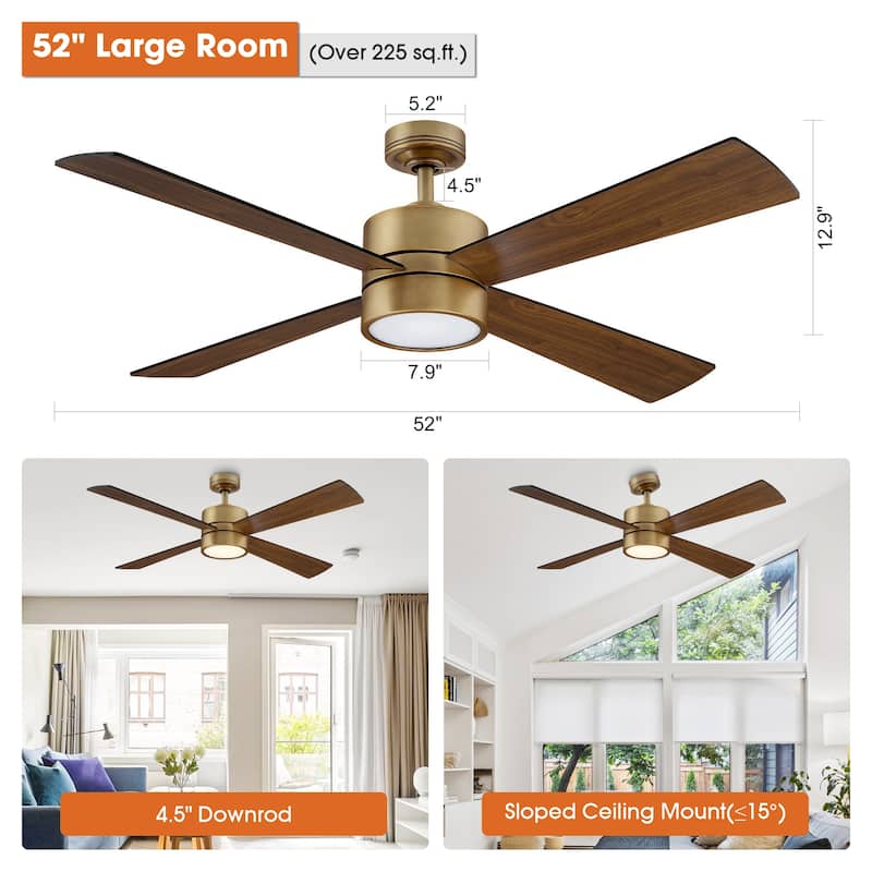 52" Antique Brass Wood 4-Blade Indoor Ceiling Fan with Light and Remote