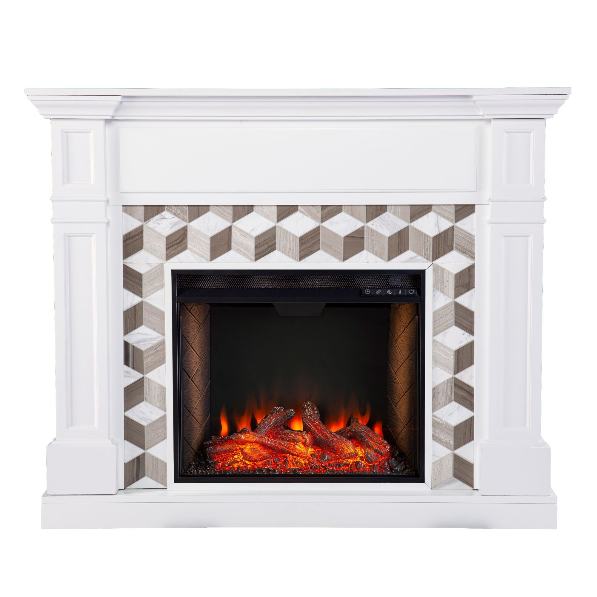 Southern Enterprises 48 inch White and Brown Alexa Smart Fireplace with Marble Surround