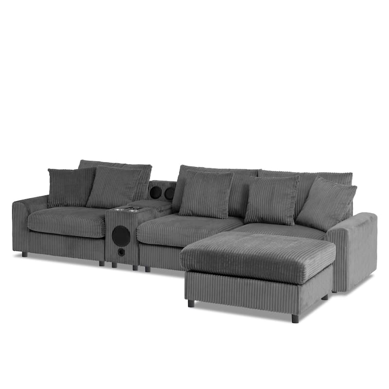 Roomfitters 112" Corduroy Sectional Sofa, L Shaped Couch with Console, Deep Wide Seat, Ottoman, Dark Gray