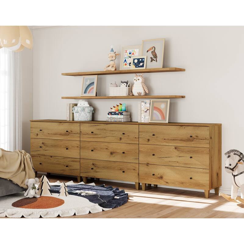 Wood Dresser with 3 Wide Drawers for Bedroom, Kids Room - Brown Wood - 9-drawer