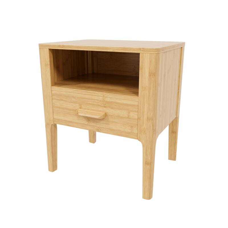 GDFStudio - Miri Mid-Century Modern Solid Bamboo Wood Nightstand with Drawer & Open Shelf, Softly Curved Edges Design