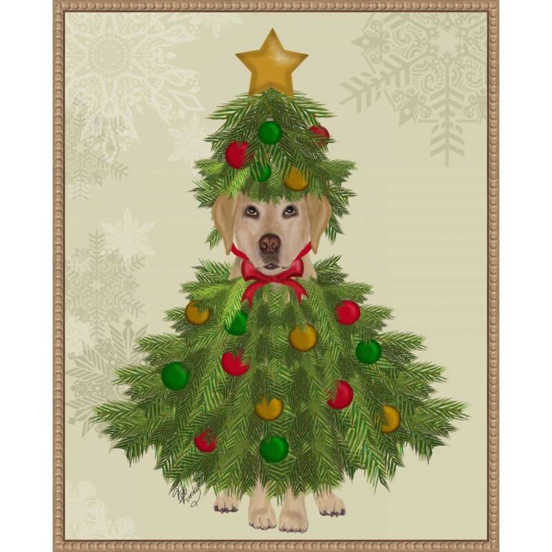 Yellow Labrador Christmas Tree Costume by Fab Funky (23 x 28 in.), Framed Canvas Wall Art Print - Sylvie Beaded Rustic Natural