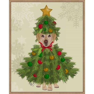 Yellow Labrador Christmas Tree Costume by Fab Funky (23 x 28 in.), Framed Canvas Wall Art Print - Sylvie Beaded Rustic Natural