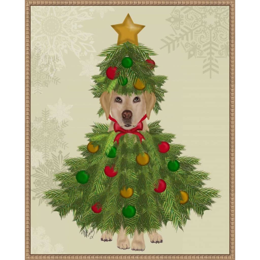 Yellow Labrador Christmas Tree Costume by Fab Funky (23 x 28 in.), Framed Canvas Wall Art Print - Sylvie Beaded Rustic Natural