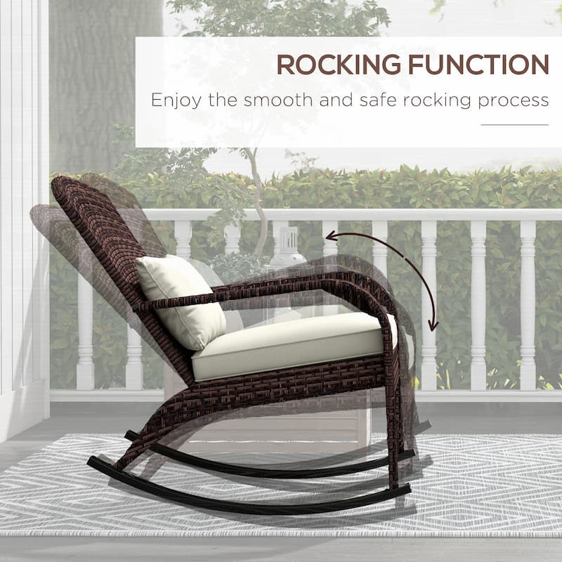 Wicker Adirondack Rocking Chair, Patio Rattan Rocker Chair with High Back, Seat Cushion, and Pillow for Garden, Porch, Balcony