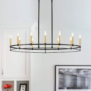 Black Brass 12-Light Large Oval Wheel Candle Style Island Chandelier - 37.5 Inches