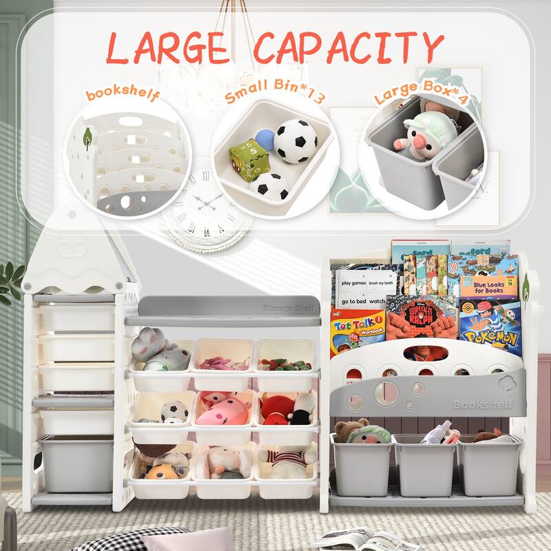 Multi-functional Nursery Organizer with 17 Bins and 5 Bookshelves