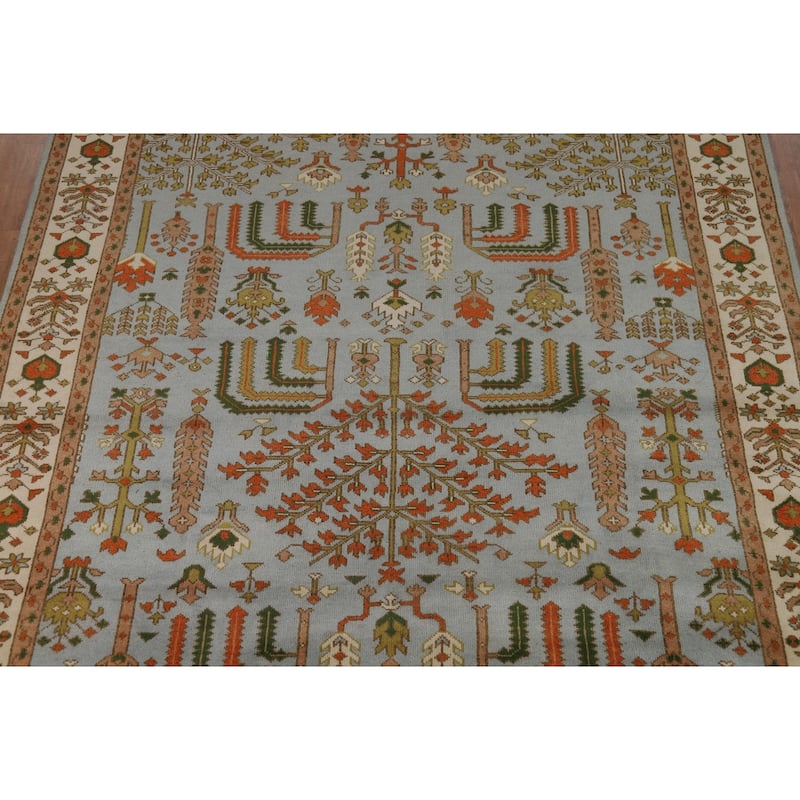 Light Blue Geometric Oushak Indian Area Rug Hand-Knotted Wool Carpet - 9'0"x 11'9"