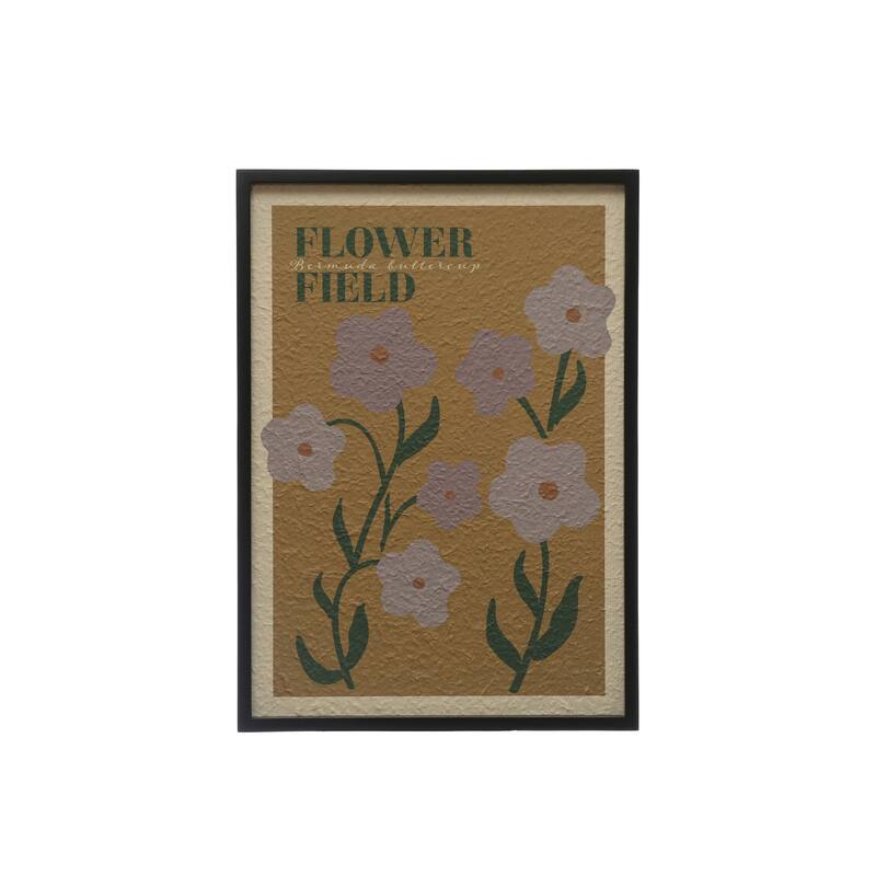 Wood Framed Textured Paper Wall Decor with "Flower Field" Text - 19.6"L x 1.0"W x 27.5"H - Black