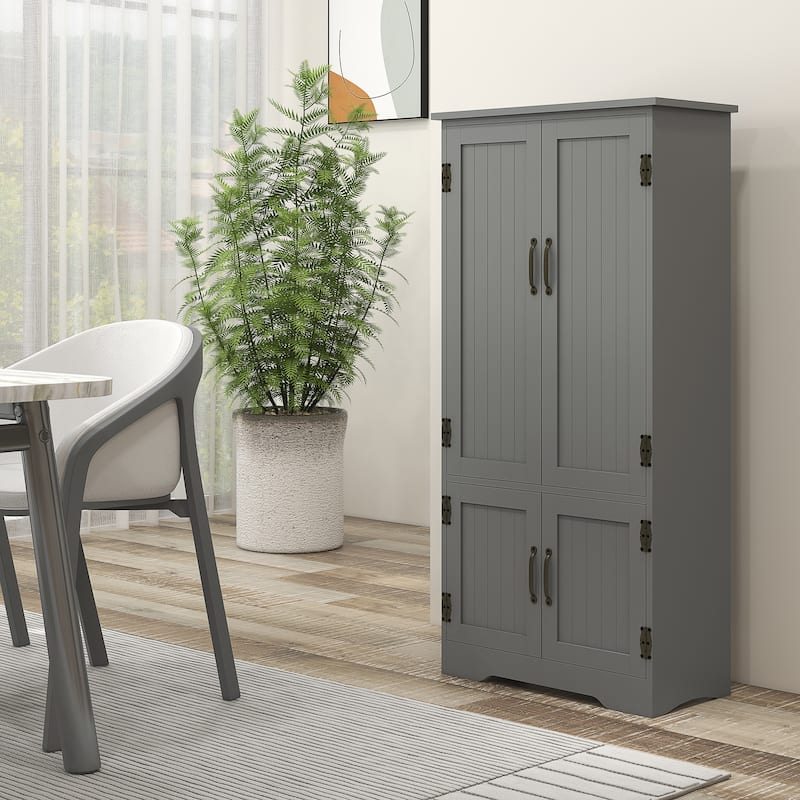48.5" Kitchen Pantry Cabinet, Compact Farmhouse Storage Cabinet Organizer with 2 Adjustable Shelves and 4 Beadboard Doors