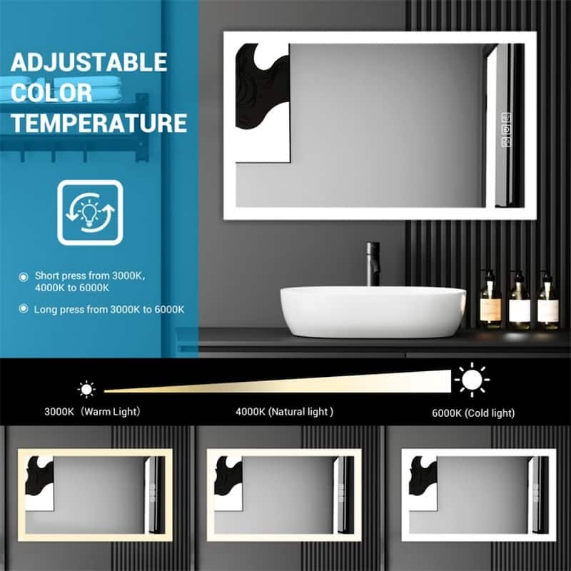 Clear Glass LED Bathroom Mirror with Aluminum Frame, Defog and Touch Control - 40” W x 24” H