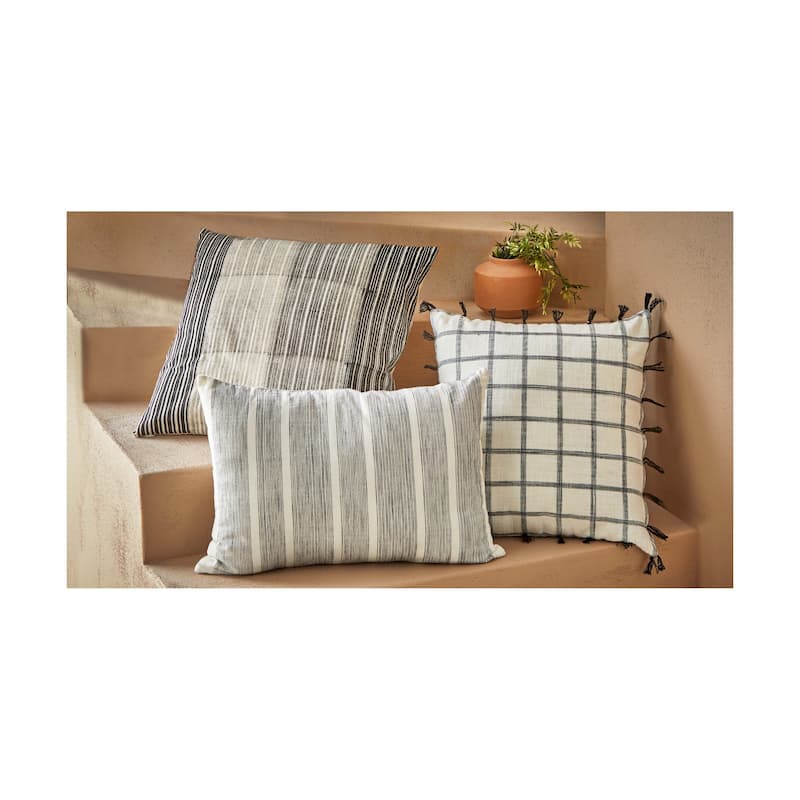 22"x22" Black and Khaki Block Print Stripe Cotton Accent Decorative Throw Pillow Poly Filled Removable Insert Square - 22 x 22