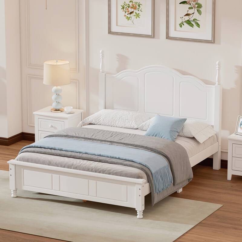 Full Size Wood Platform Bed Frame,Retro Style Platform Bed with Wooden Slat Support - White