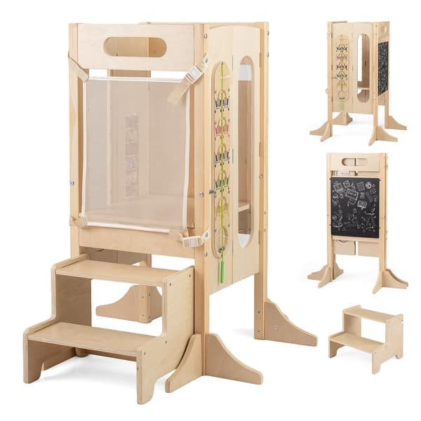 slide 2 of 10, Gymax Toddler Kitchen Step Stool w/Chalkboard Detachable Safety Net Natural