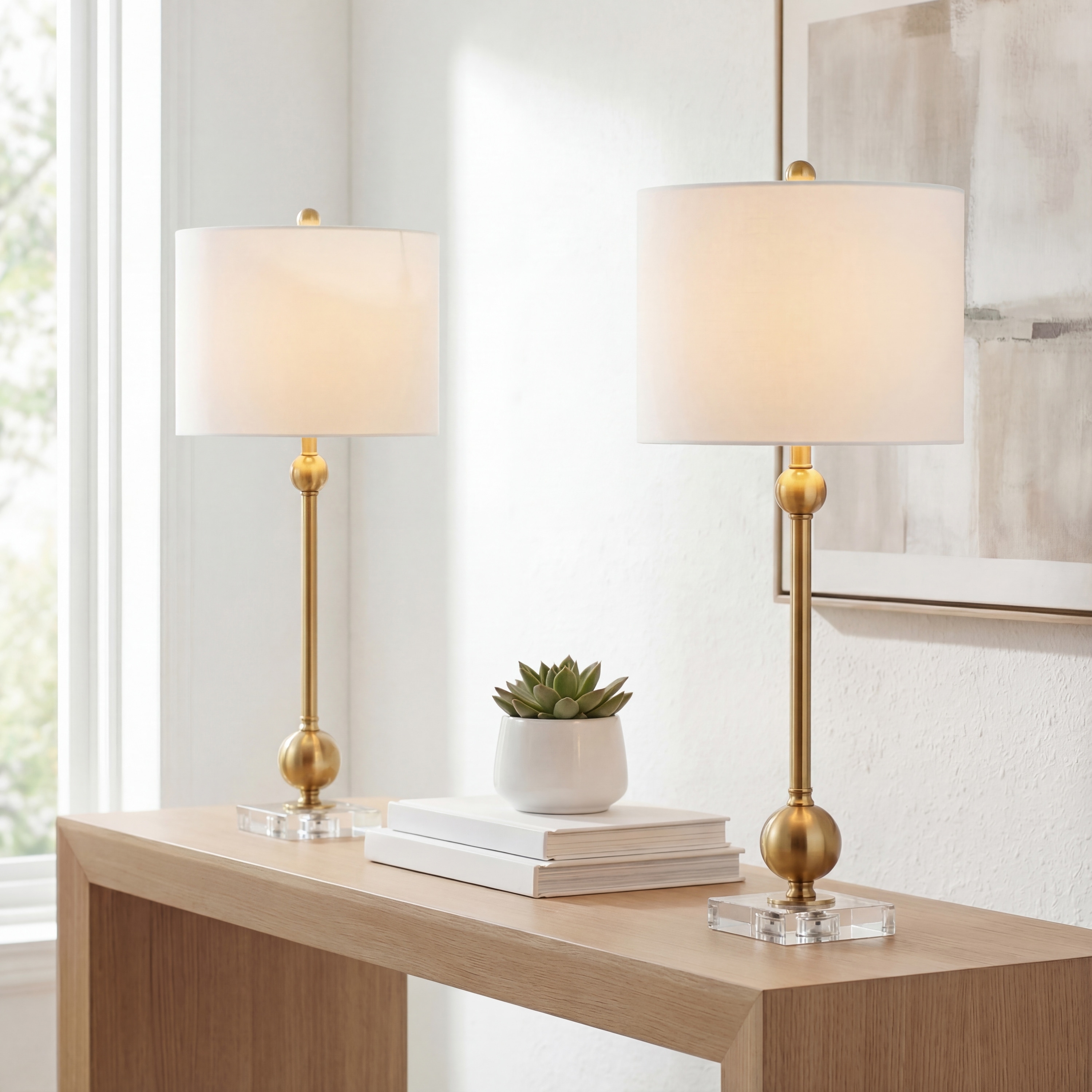 JONATHAN Y Aria 34" Metal LED Table Lamp, Brass with Crystal Base (Set of 2)