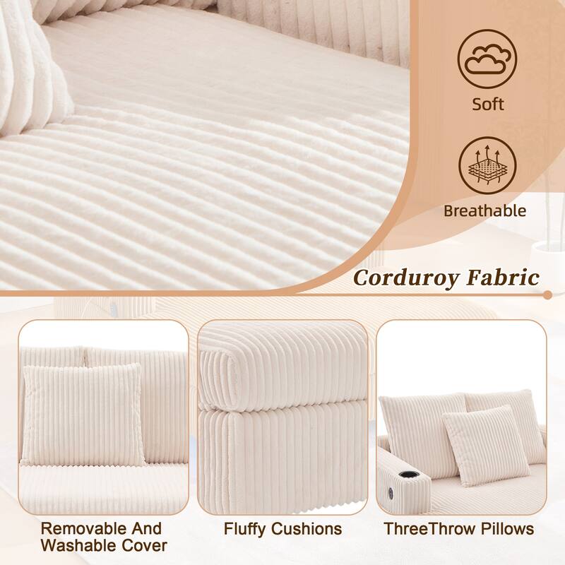 HOMEFUN Corduroy Upholstered Oversized RGB LED Light Recliner Sofa Bed with Cup Holder,USB&3 Pillows