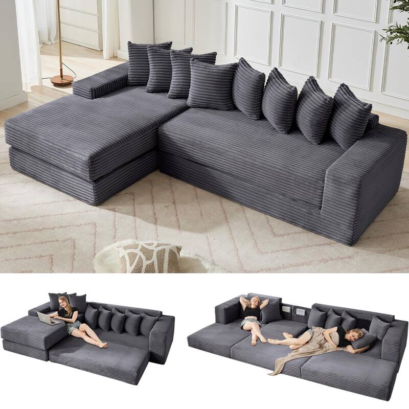 Floor Sleeper Sofa Bed Convertible L-shaped Modular Sectional Couch with Chaise, Corduroy Compression Sofa with Side Pockets