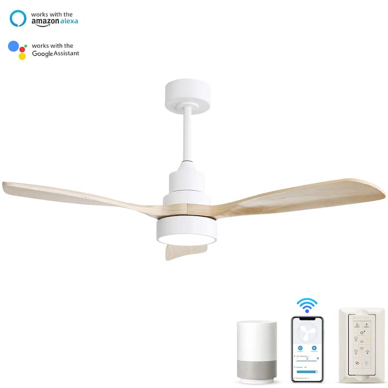 48 Inch Smart Wood Ceiling Fan with Light and Remote/App Control, Integrated LED Included - White with Burlywood(Smart)
